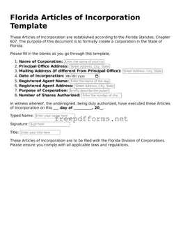 Free Articles of Incorporation Form for Florida State