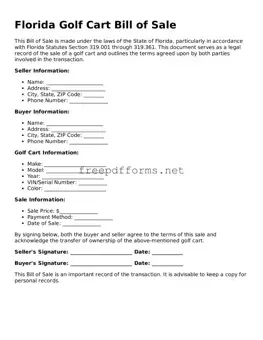 Free Golf Cart Bill of Sale Form for Florida State