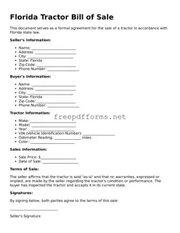 Free Tractor Bill of Sale Form for Florida State