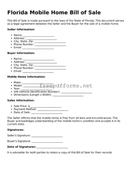 Free Mobile Home Bill of Sale Form for Florida State
