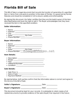 Free Bill of Sale Form for Florida State