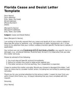 Free Cease and Desist Letter Form for Florida State