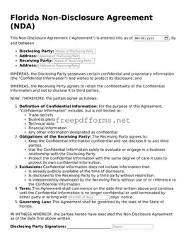 Free Non-disclosure Agreement Form for Florida State