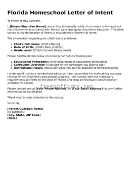 Free Homeschool Letter of Intent Form for Florida State