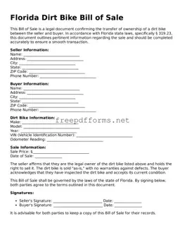 Free Dirt Bike Bill of Sale Form for Florida State