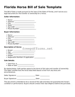 Free Horse Bill of Sale Form for Florida State