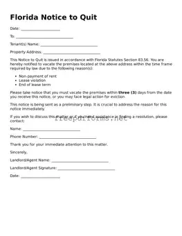 Free Notice to Quit Form for Florida State