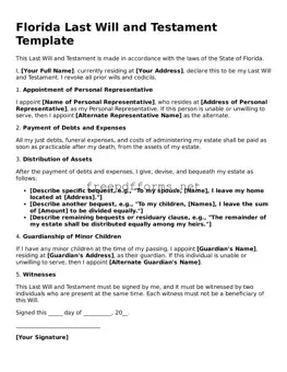 Free Last Will and Testament Form for Florida State