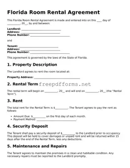 Free Room Rental Agreement Form for Florida State