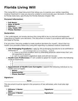 Free Living Will Form for Florida State