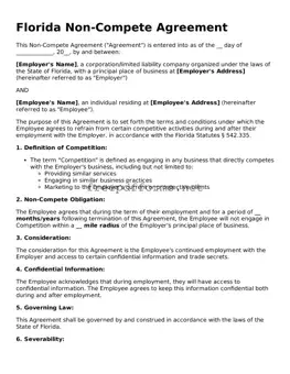 Free Non-compete Agreement Form for Florida State