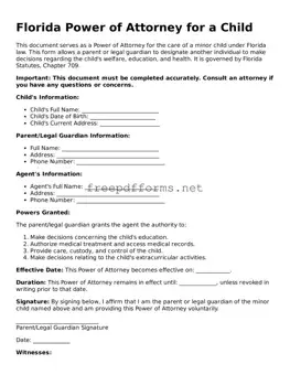 Free Power of Attorney for a Child Form for Florida State