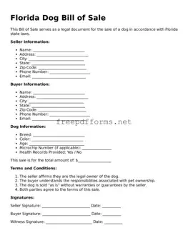 Free Dog Bill of Sale Form for Florida State
