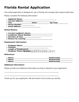 Free Rental Application Form for Florida State