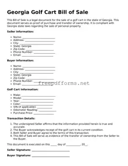 Free Golf Cart Bill of Sale Form for Georgia State