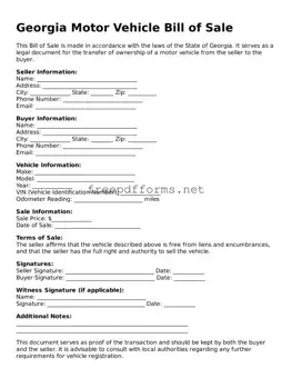 Free Motor Vehicle Bill of Sale Form for Georgia State