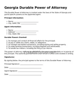 Free Durable Power of Attorney Form for Georgia State