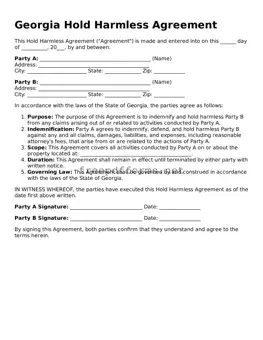 Free Hold Harmless Agreement Form for Georgia State