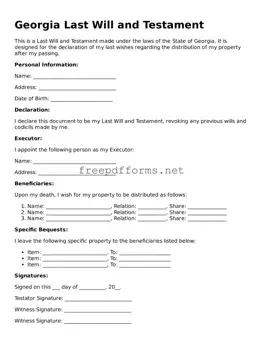 Free Last Will and Testament Form for Georgia State