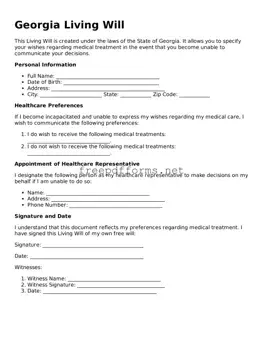 Free Living Will Form for Georgia State