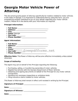 Free Motor Vehicle Power of Attorney Form for Georgia State