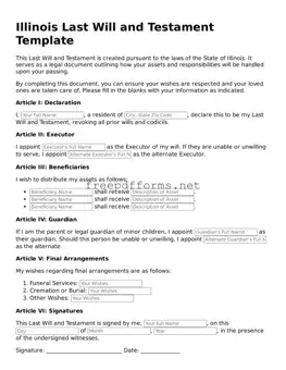 Free Last Will and Testament Form for Illinois State