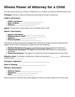 Free Power of Attorney for a Child Form for Illinois State