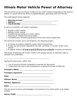 Free Motor Vehicle Power of Attorney Form for Illinois State