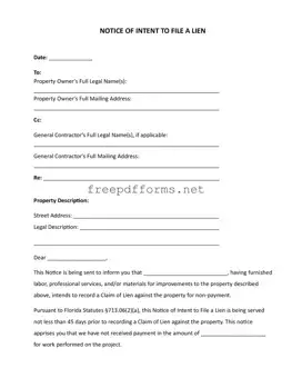 Fill a Valid Intent To Lien Florida Template