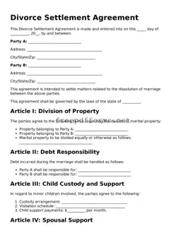 Divorce Settlement Agreement Template