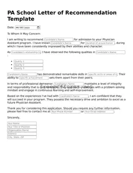 PA School Letter of Recommendation Template