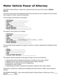 Motor Vehicle Power of Attorney Template
