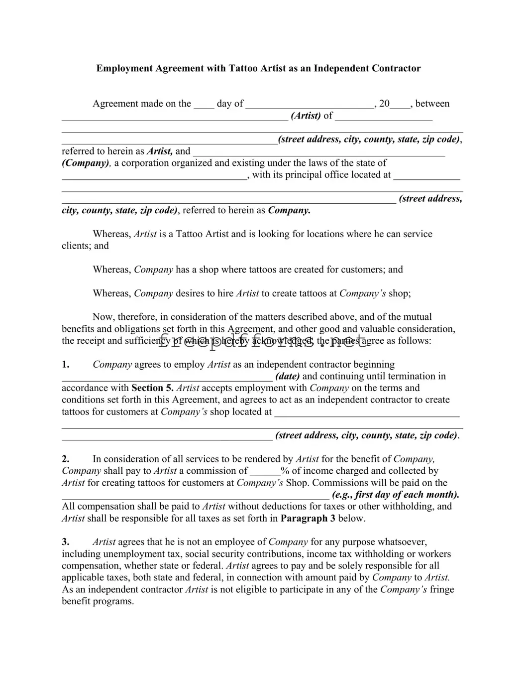 Fill a Valid Tattoo Shop Artist Agreement Template