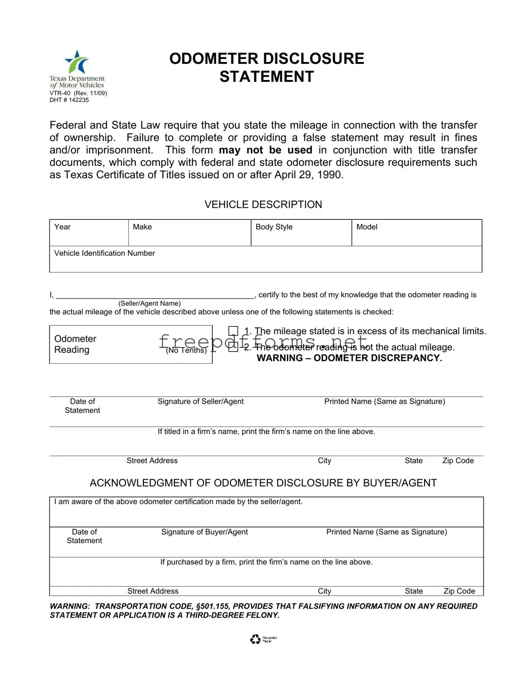 Fill a Valid Texas Odometer Statement Template