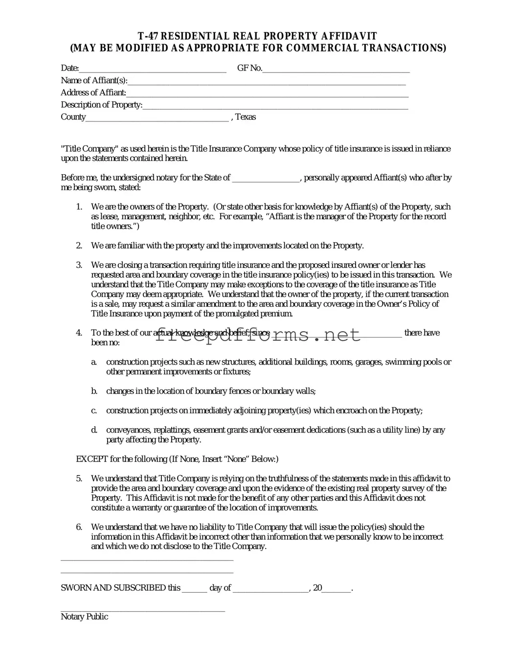Fill a Valid Texas residential property affidavit T-47 Template