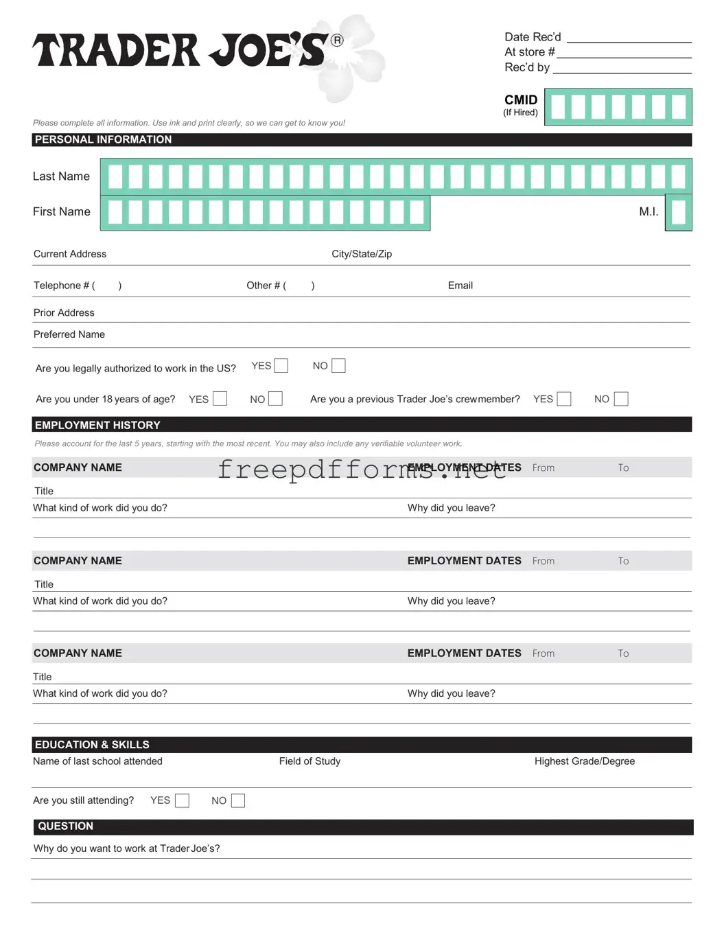 Fill a Valid Trader Joe's application Template