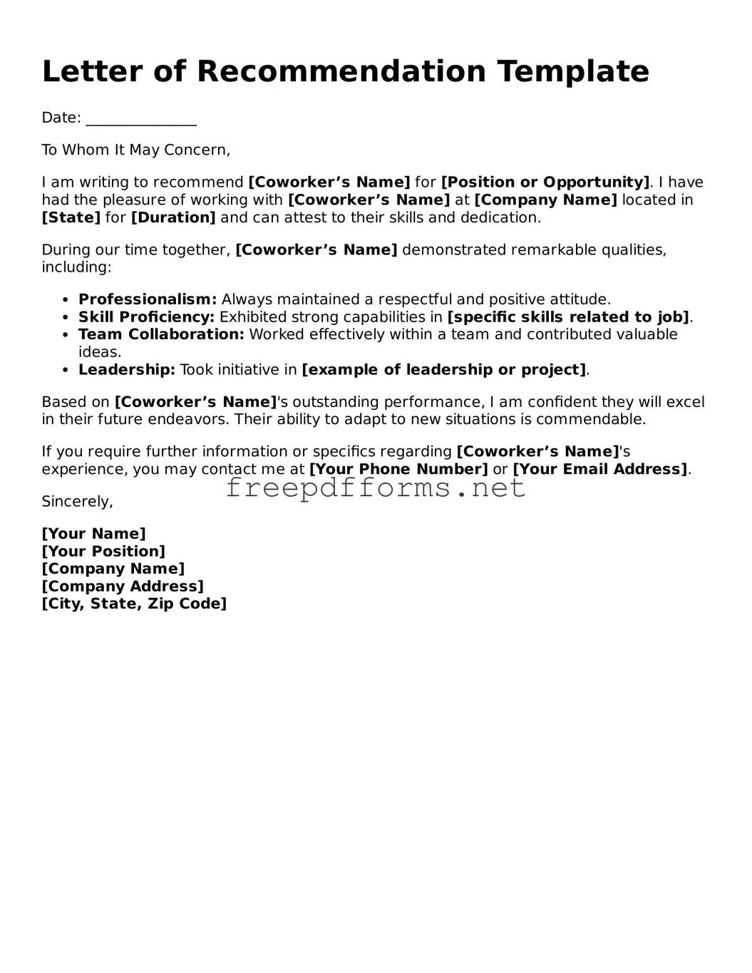 Letter of Recommendation for Coworker Template